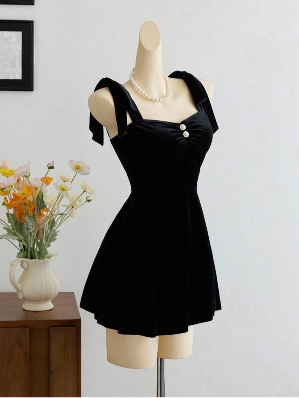 Black Velvet Tie-Strap Mini Dress with Pearl Accents